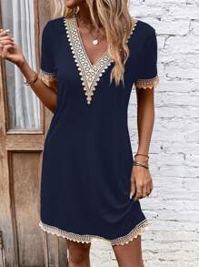 SHEIN LUNE Patchwork Soluble Lace Ribbon V-Neck Dress - Navy Blue - View 4