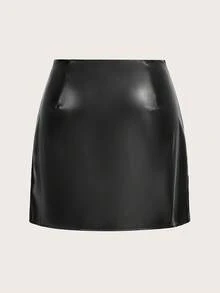 SHEIN EZwear Plus Size Front Zipper Pu Leather Skirt - Black - View 2