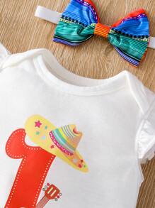 SHEIN Baby Girl 3pcs/Set Casual & Cute Number Printed Bodysuit, Striped Skirt And Hairband For Spring/Summer Outfits