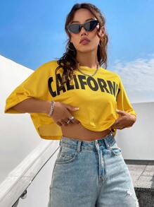 SHEIN Unity 網眼布料短款緊身上衣,採用圓領設計和字母印花 - 黃色 - 查看 1