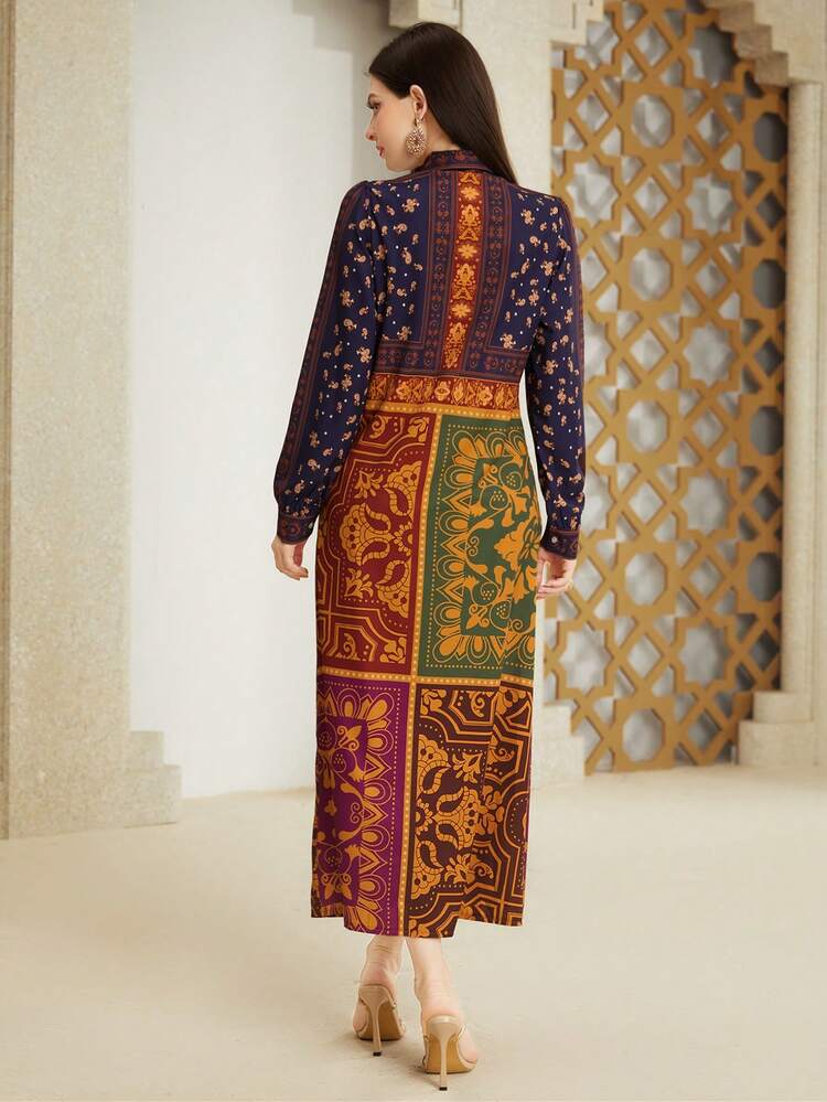 Women's Color Block Patchwork Printed Wrap Tie Waist Dress Fall Cloth For Women