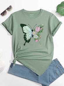 SHEIN EZwear 女用蝴蝶花卉印花短袖常規 T 卹 - 綠色 - 查看 1