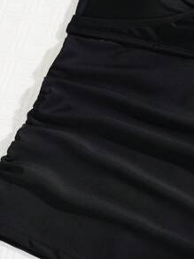 SHEIN Swim 2pcs Vacation Beachwear Set - Solid Color Halter Neck Top & Leopard Print Shorts, Tankini Set Summer - Multicolor - View 7