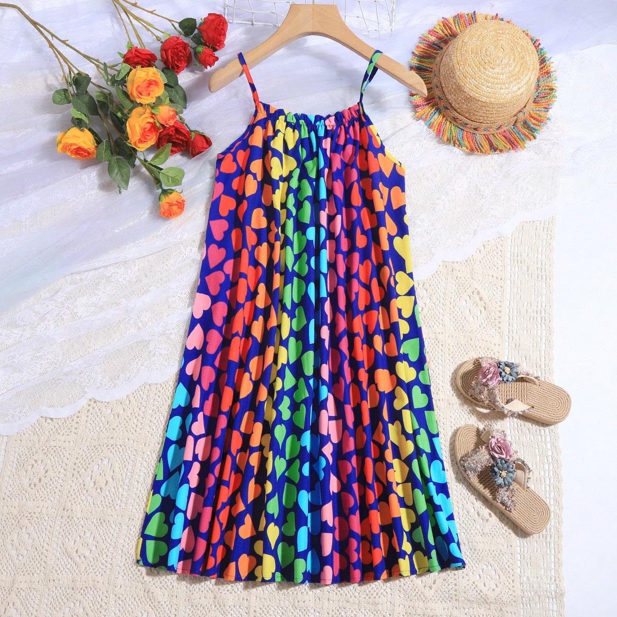 Vestido sin mangas con estampado de corazones para niñas preadolescentes casual y elegante