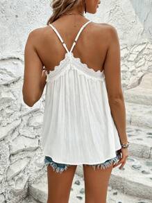Breezaya Solid Color V-Neck Thin Strap Lace Patchwork Camisole
