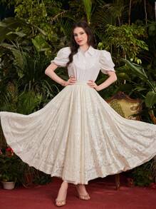 Modelyn Damen Jacquard Maxirock in Spitze, Einfarbig