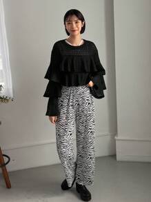 FRIFUL Ladies' Perspective Double Layer Ruffle Hem T-Shirt Long Sleeve Women Tops