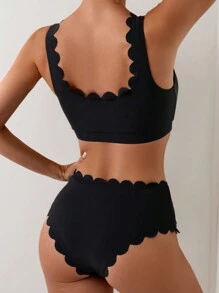 SHEIN Swim 女士扇貝邊背心 風格 二件套裝 - 黑色 - 查看 2