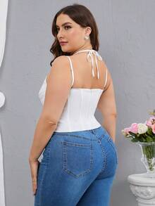 PARTHEA Plus Draped Collar Off Shoulder Mesh Corset Top - White - View 2