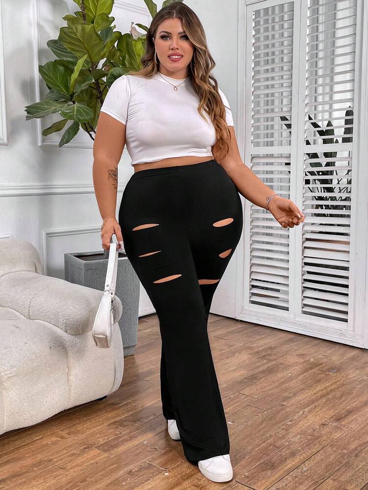 Plus Size Distressed Flared Pants Fall Cloth For Women