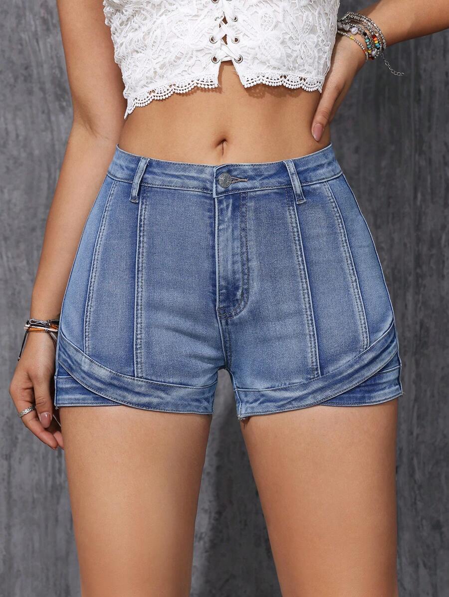 SHEIN EZwear 女式不對稱邊縫包覆式丹寧短褲 - 中等水洗藍 - 查看 1