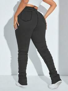 SHEIN SXY 大尺碼女式彈性修身褶皺九分牛仔褲 - 灰色 - 查看 2