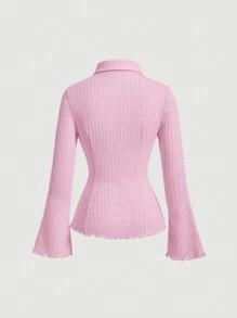 SHEIN MOD Solid Color Texture Design Buttoned T-Shirt With Waist Cinching - Pink - View 2