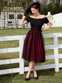 Vintamour Women's Off Shoulder Short Sleeve Polka Dot Mesh Overlay Hem Dress - Burgundy - View 5