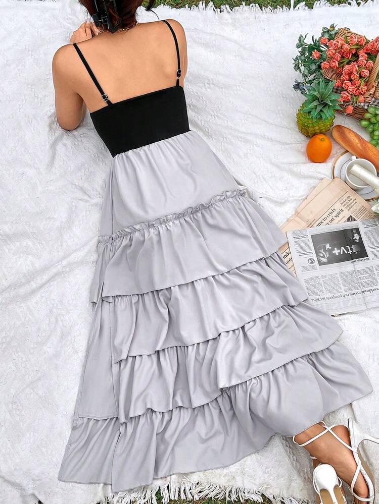 Two Tone Layered Ruffle Hem Cami Dress