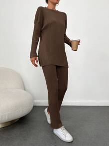 SHEIN Cottnline Women'S Solid Color Ribbed Knit 2pcs Set - Brown - View 3