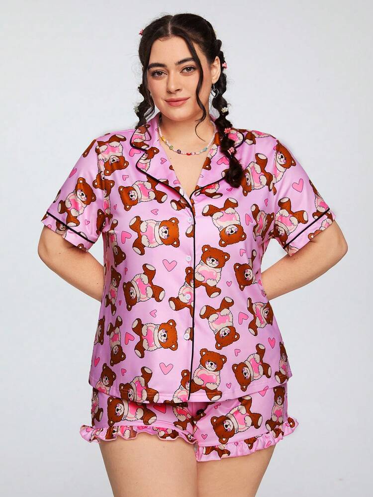 Plus Size Women's Bear Print Short Sleeve Shirt And Shorts Set