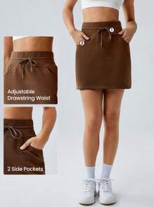 GLOWMODE Everyday Fleece Adjustable Drawstring Pocket Mini A-Line Skirt Daily - Brown - View 3