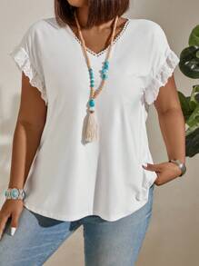EMERY ROSE Plus Size Lace Decorated V-Neck Eyelet Ruffle Sleeve T-Shirt