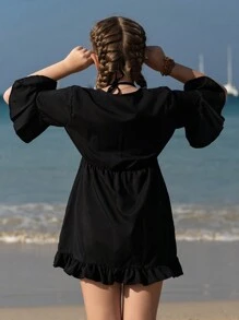 Tween女孩黑色V領A字型束腰遮覆