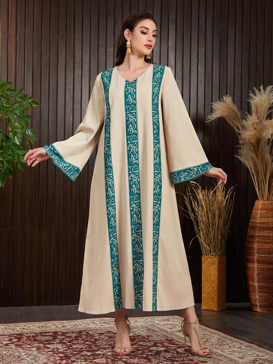 Al Najma Arabic Style Flare Sleeve Dress With Printed Patterns