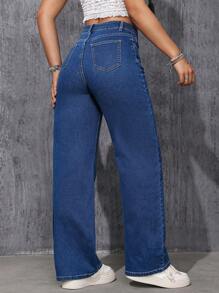 SHEIN ICON Women's Mid-Rise Straight Leg Denim Jeans - Dark Wash - View 2