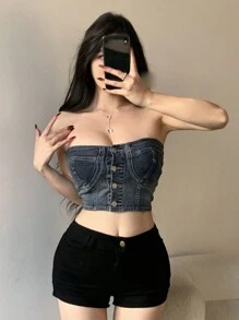 DAZY Women's Denim Tube Top With Front Button Closure Crop Women Tops - Blue - View 6