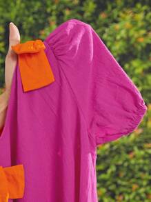 少女時髦彩色拼接鬆身休閒圓領針織裙