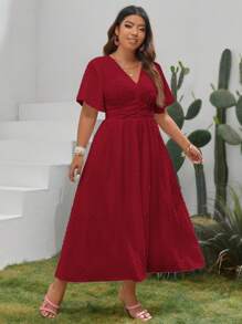 SHEIN VCAY Plus Size Solid Color Waist-Cinched Dress - Burgundy - View 4