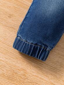 Baby Boys' Elastic Cuffed Stretch Denim Jeans With Dinosaur Embroidery, Light Blue Wash - Keskipesu - Näytä 7