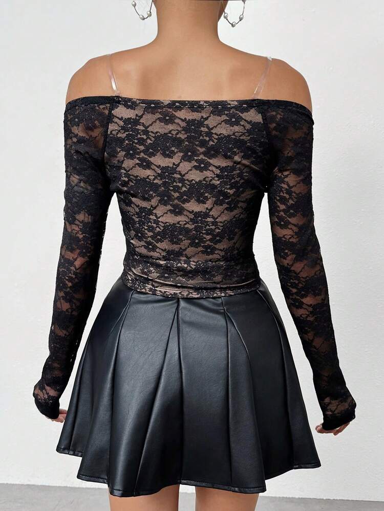 Women's Valentine's Day Romantic Lace One Shoulder Long Sleeve T-Shirt Top