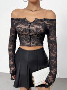 SHEIN Privé 女性浪漫蕾絲露肩長袖t恤,情人節禮物 - 黑色 - 查看 3