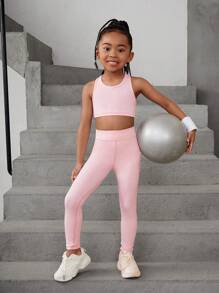 SHEIN Young Girls' Crop Top And Leggings Athletic Set