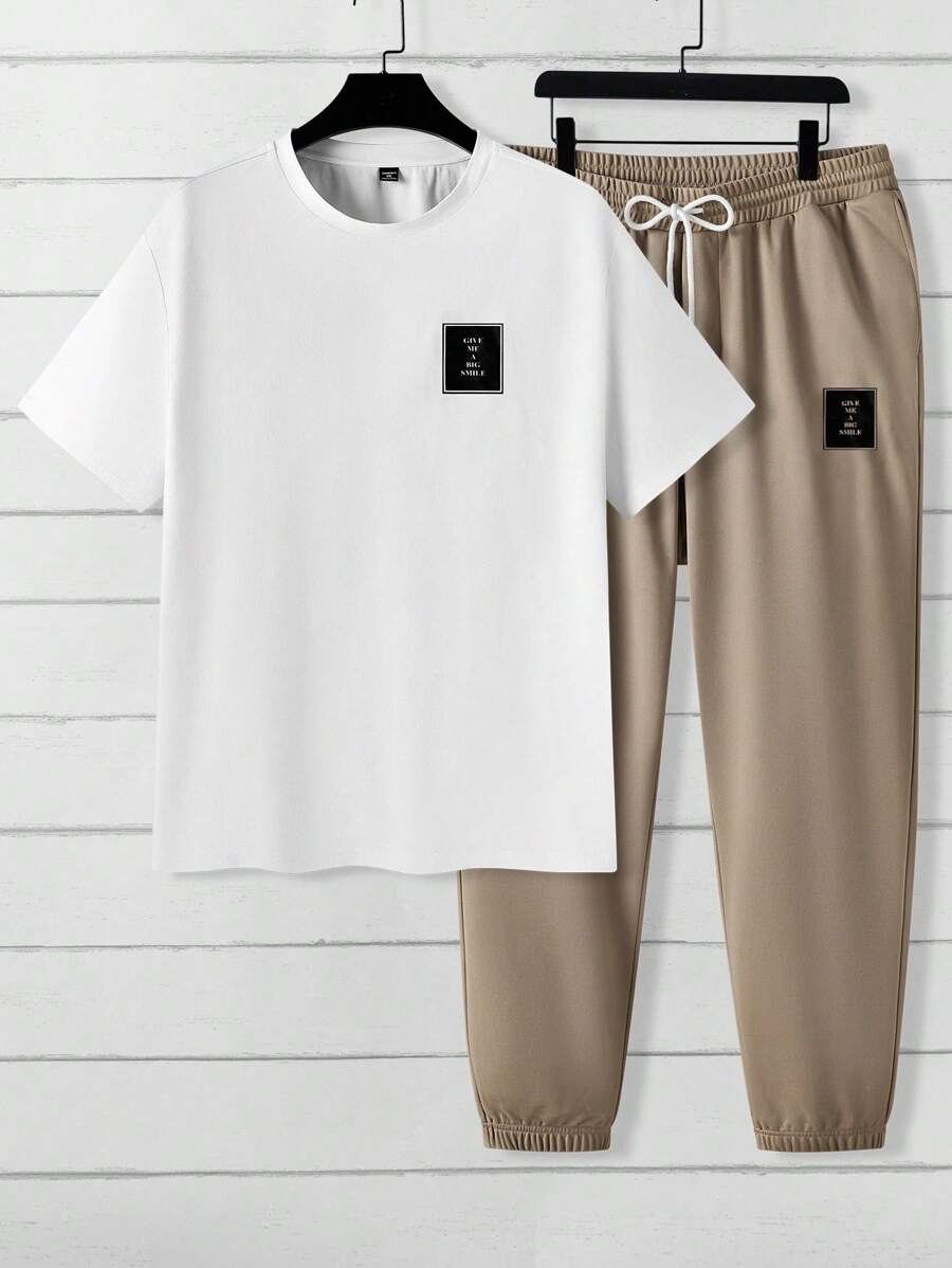 Manfinity VCAY Plus Size Letter Printed Knitted Casual T-Shirt And Pants Set