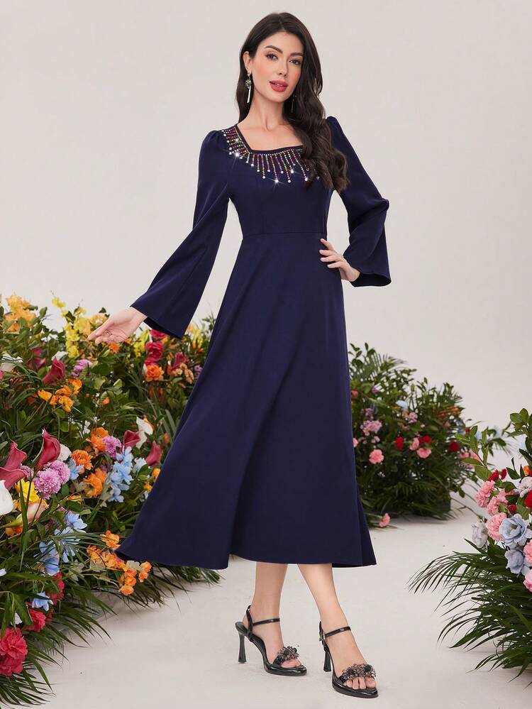 Jeweled Bell Sleeve A-Line Dress With Square Neck And Waist Belt, Elegant Evening Party Dress Long Evening Dresses Fall Cloth For Women