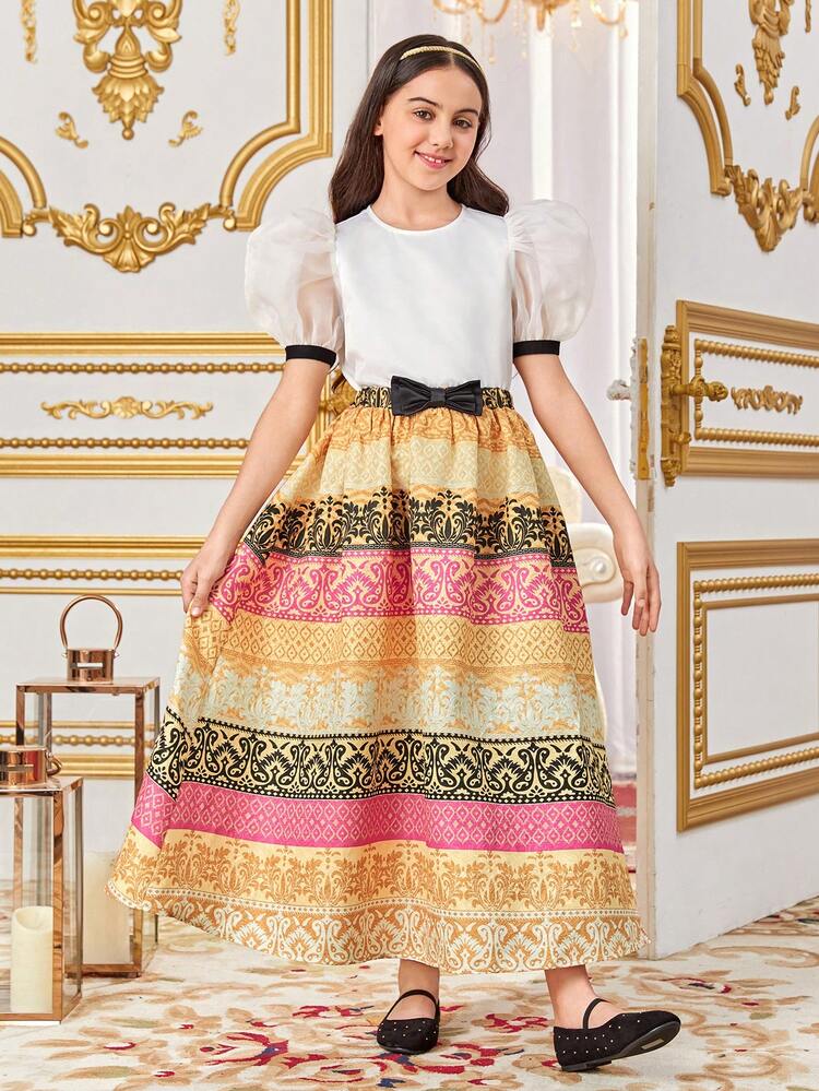 Tween Girl Cute Vintage Palace Style Puff Sleeve Blouse And Knee-Length Skirt Set