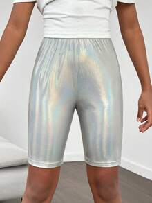 SHEIN Cô gái Tween Mát mẻ Phong cách đường phố Mùa xuân/Mùa hè Dệt kim Độ co giãn Cao Quần short - Bạc - Xem 4