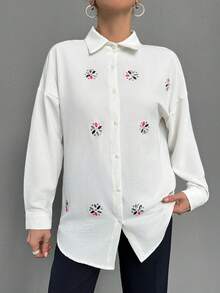 EURMUSE Embellished Long Sleeve Blouse - White - View 3