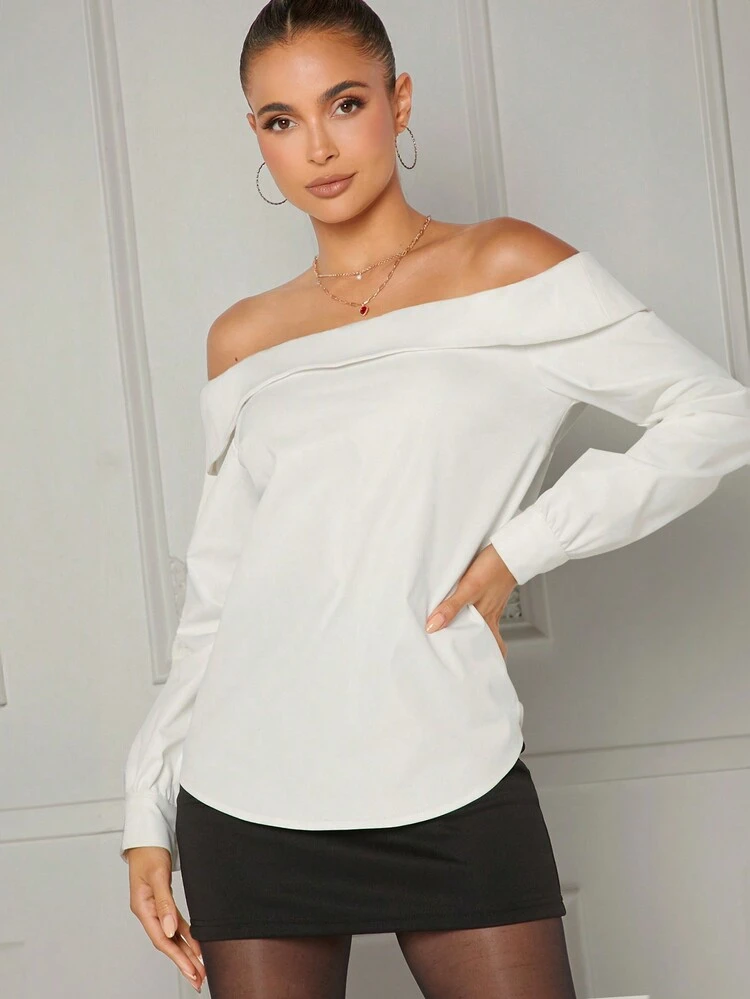 Solid Off-Shoulder Long Sleeve Blouse