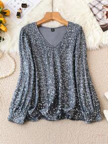 SHEIN Clasi Plus Size Women's Long Sleeve Sparkly Shirt - Grey - View 1
