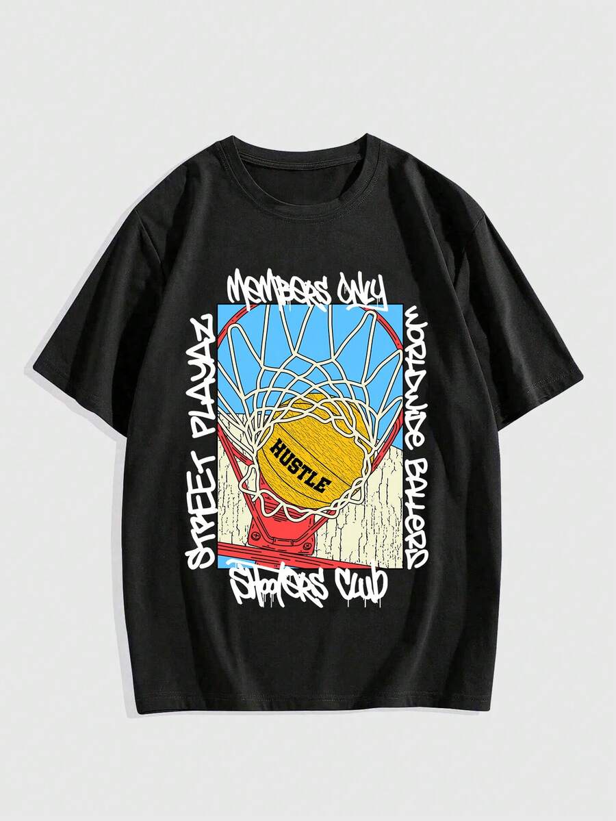 9over10Studios Hombres Camiseta con estampado de dibujos animados y letra - Negro - Ver 1