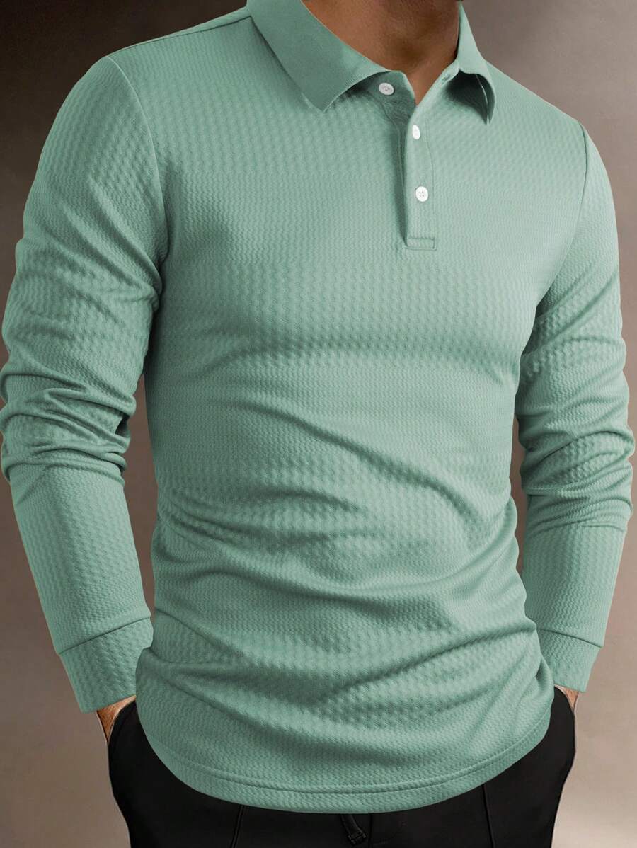 Manfinity Homme Men's Textured Long Sleeve Polo Shirt, Polo Shirts For Men Long Sleeve, Men Green Polo Shirt, Men Knit Shirt - Green - View 1