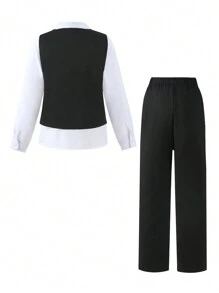 2pcs Tween Boys' Gentleman Suit - Solid Color Double-Breasted Vest And Pants With Tie, Ideal For Birthday Party, Evening Performance, Wedding, Christening, 1st Birthday