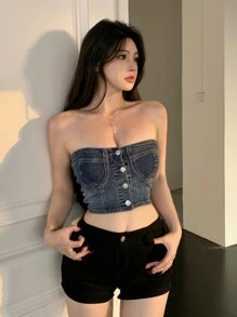 DAZY Women's Denim Tube Top With Front Button Closure Crop Women Tops - Blue - View 4