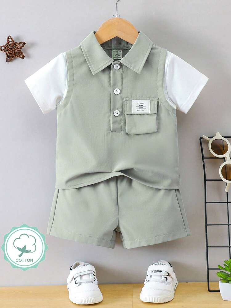 Baby Boy's Color Block 2-In-1 Short Sleeve Top And Shorts Set With Workwear Style, Great For Daily Wear And Casual Life In Spring And Summer