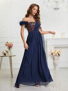 Sequin & Faux Fur Splice Cape Sleeve Chiffon Party Dress - Navy Blue - View 6