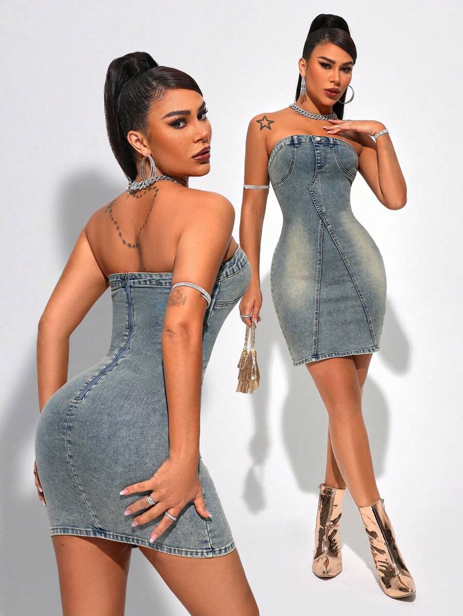 SHEIN SXY Strapless Slim Fit Denim Dress - Light Wash - View 1