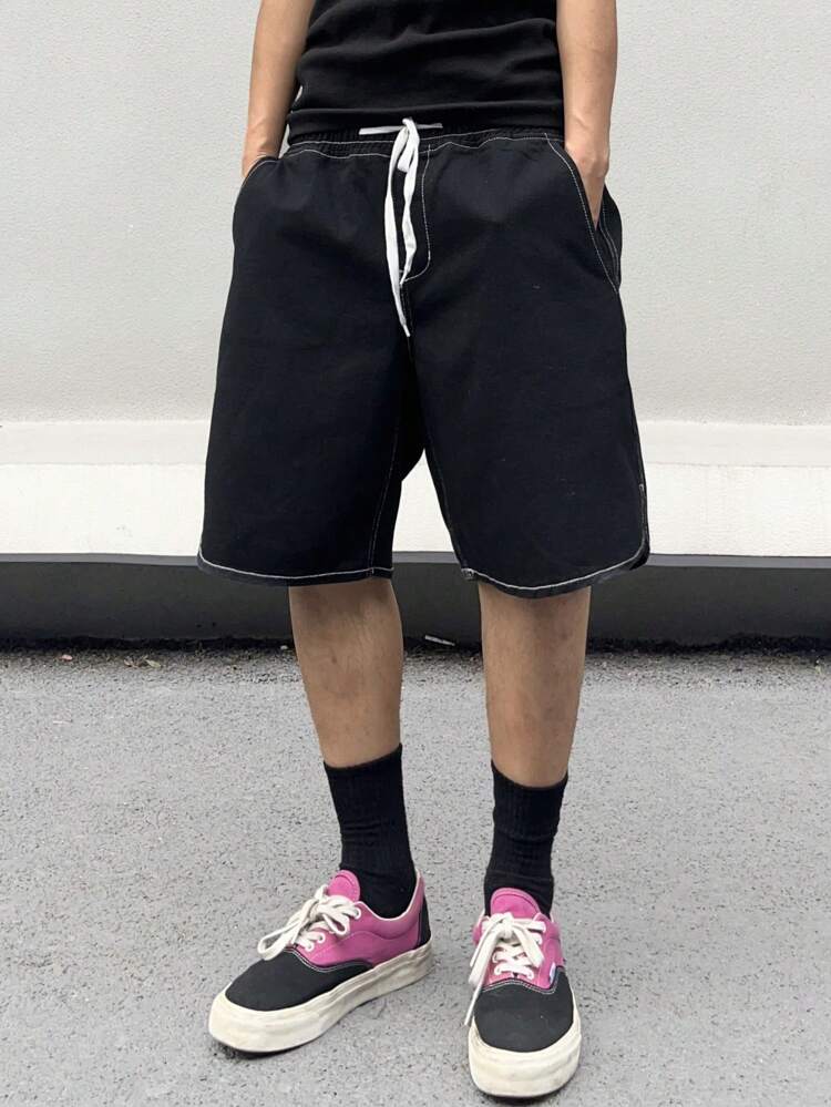 Men's Loose Fit Denim Shorts With Contrast Stitching And Drawstring Waistline