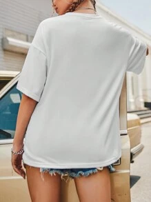 INAWLY Letter Printed Drop Shoulder Short Sleeve T-Shirt - White - View 2