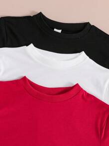 SHEIN 3件套男童休闲基础款字母印花短袖T恤，适合叠穿，校园时尚，秋冬季必备 - 紅色 - 查看 4